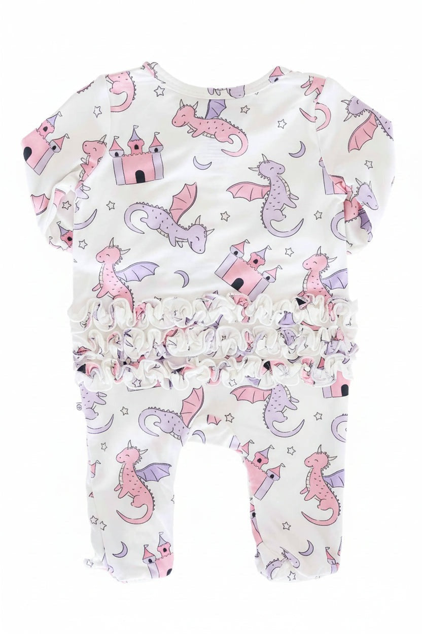 Dragon Adventure Ruffle Zipper Footie | Pink
