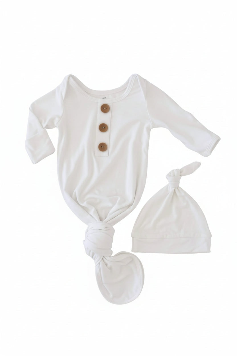 Solid White Bamboo Baby Knot Gown & Hat