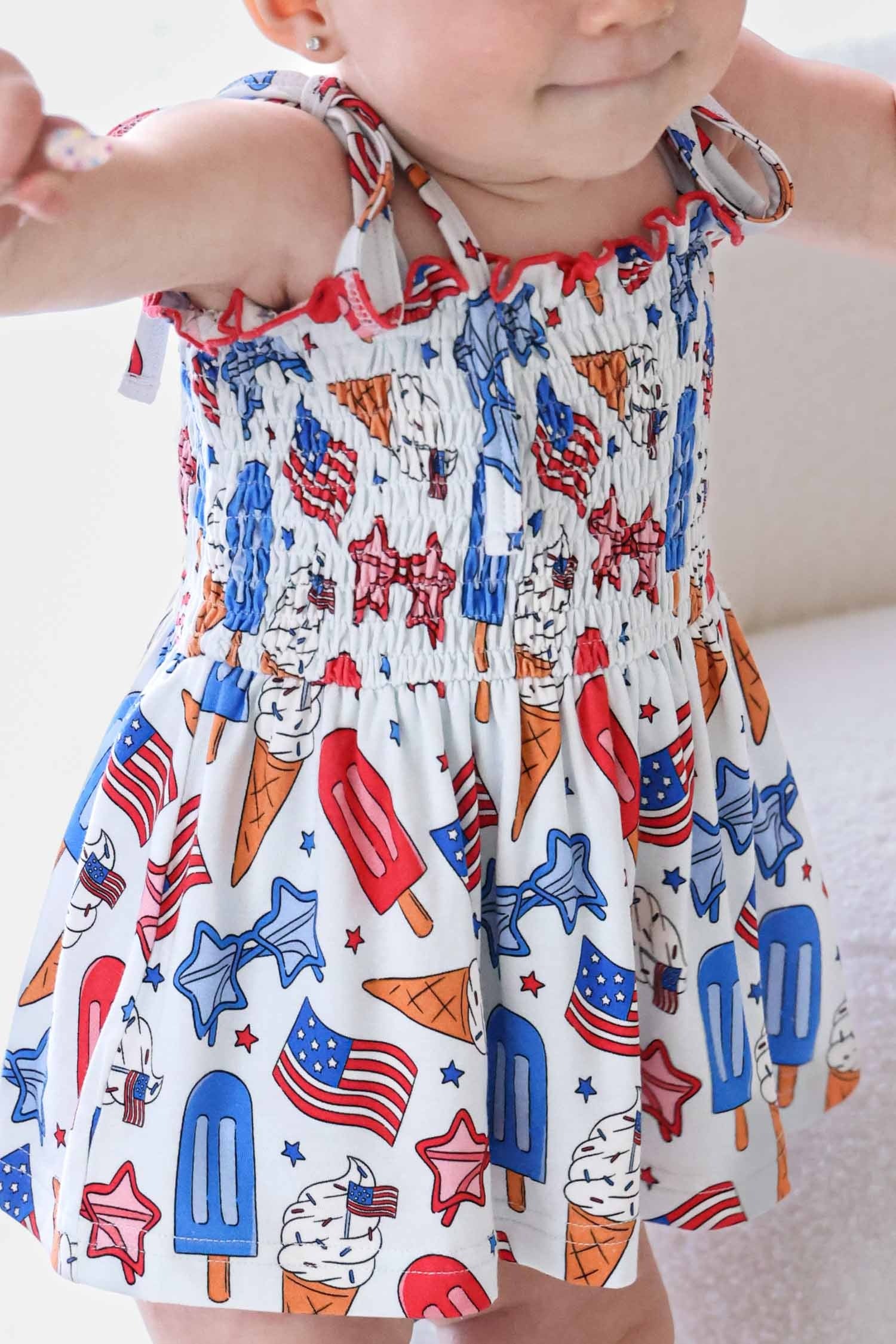 Smocked Twirl Bodysuit | Red, White & Cool