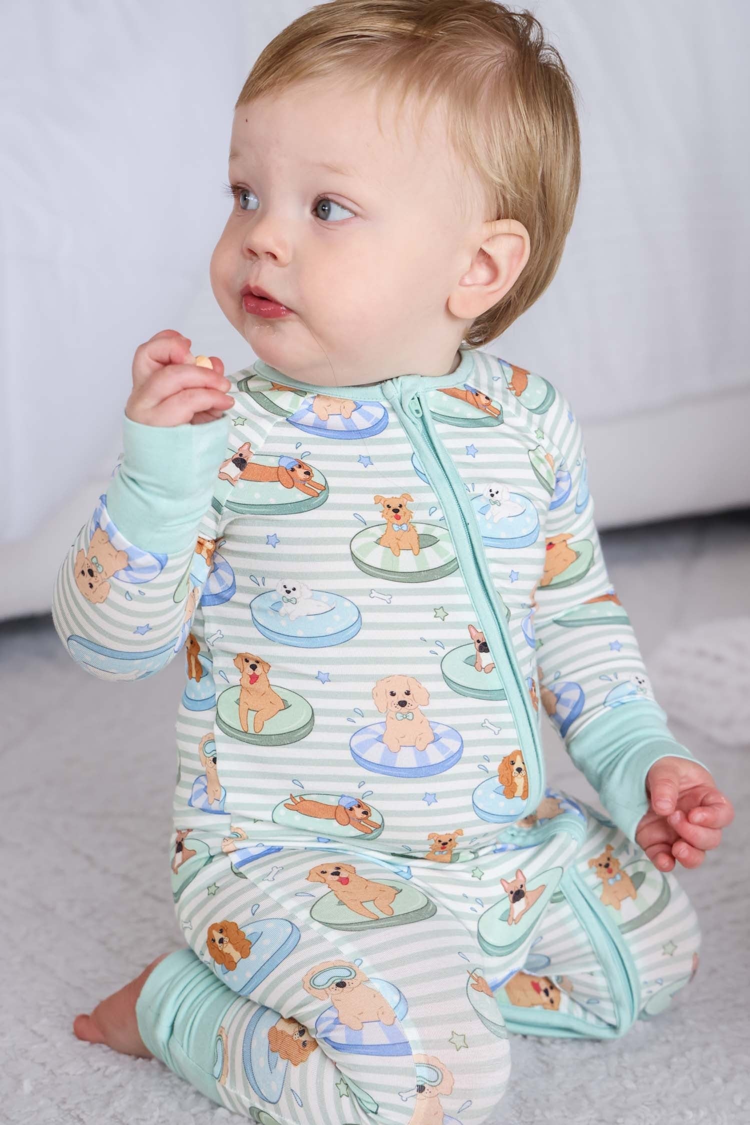 Convertible Bamboo Zip Romper | Poolside Pups Blue