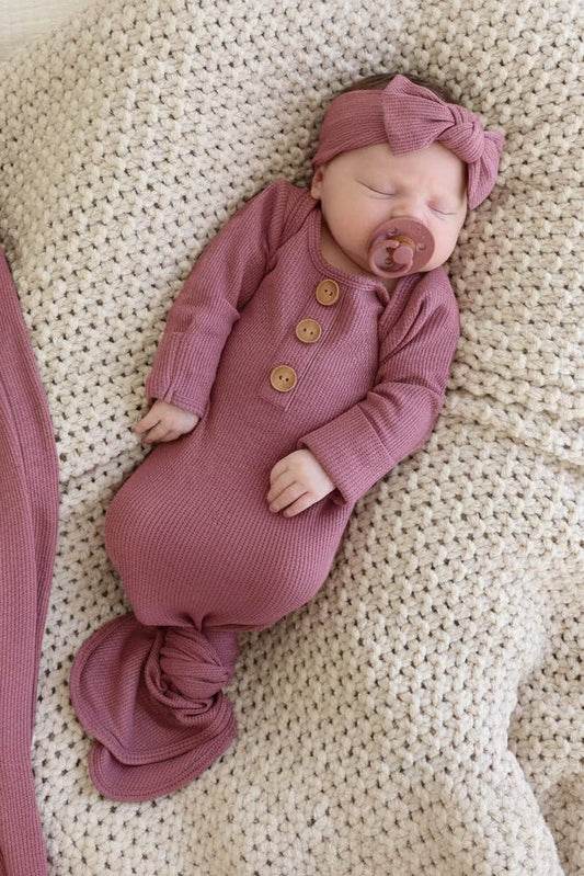 Boysenberry Bamboo Waffle Newborn Baby Knot Gown & Hat Set