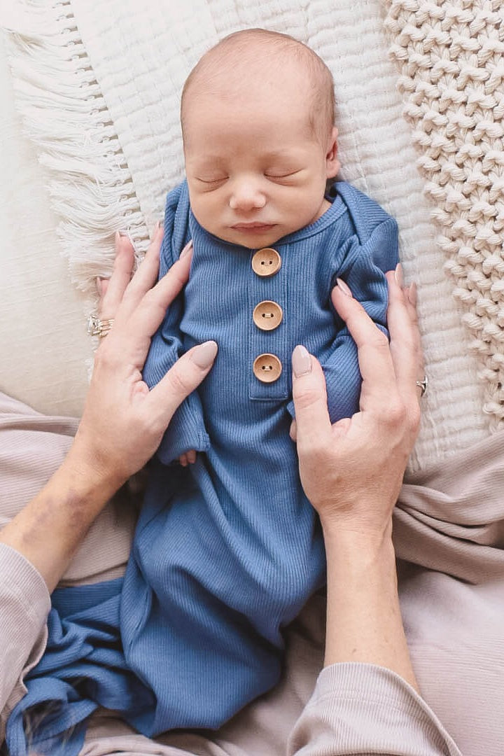 Steel Blue Ribbed Bamboo Baby Knot Gown & Hat