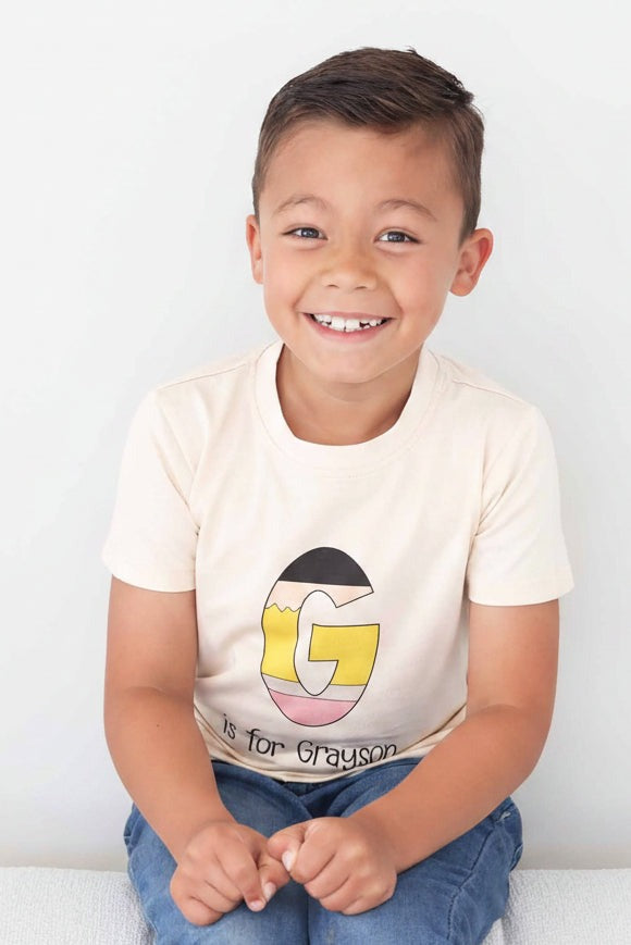 Personalized Pencil Letters Kids Graphic Tee | Natural